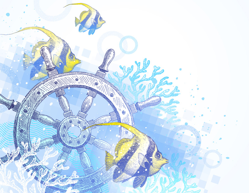 illustration of ship's wheel underwater with angel fish