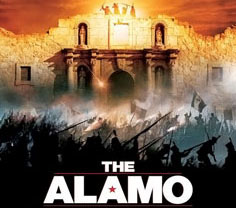 image of the Alamo on fire with soldier silhouettes in foreground