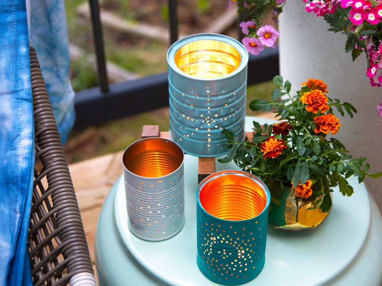 DIY tin can lanterns on a patio