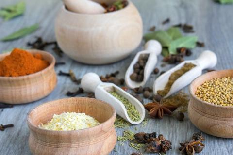 bowls with spices and herbs