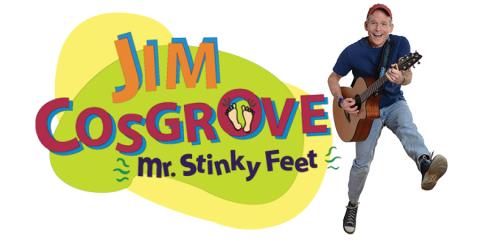 Mr. Stinky Feet logo and photo playing guitar