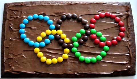 chocolate cake with M & Ms Olympic rings