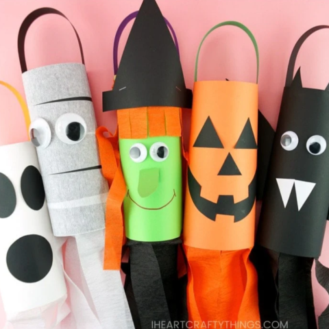 Halloween Windsocks against pink background - ghost, witch, jack o lantern, bat