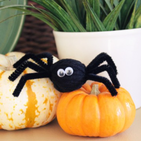 spider made out of pipe cleaners on top of pumpkins