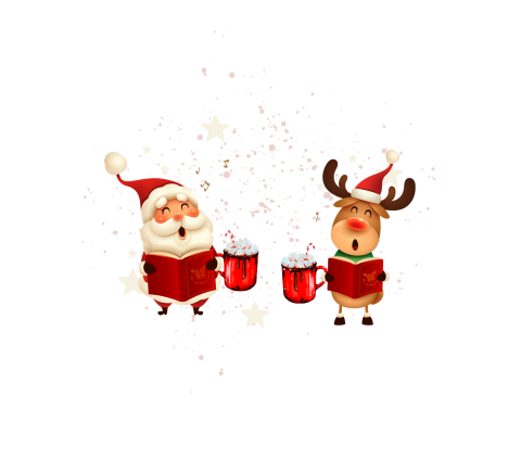 Santa and reindeer singing and holding mugs of hot chocolate