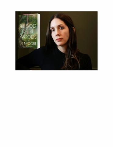 headshot of author Liz Moore with her latest book, The God of the Woods in the upper left corner
