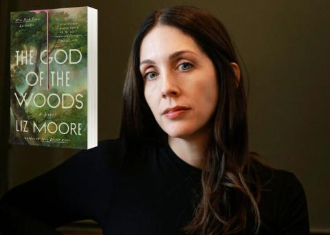 headshot of author Liz Moore with her latest book, The God of the Woods in the upper left corner