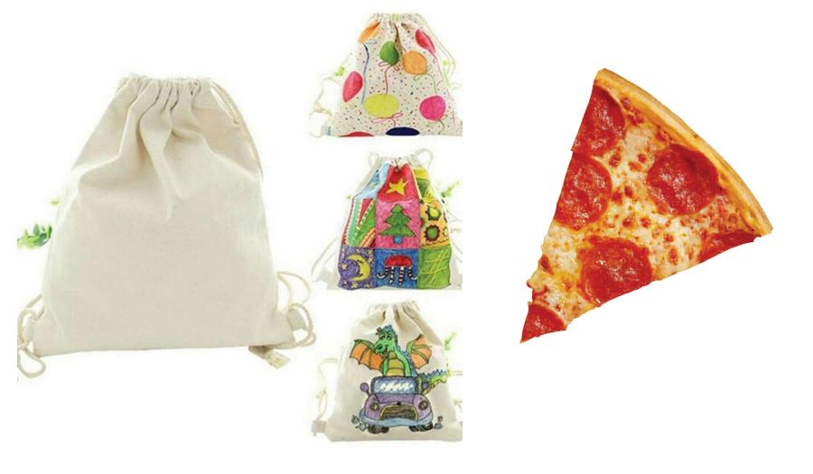 drawstring bags and pizza slice