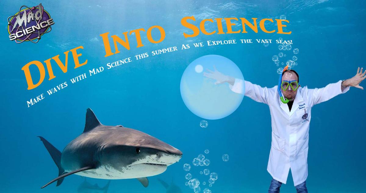 Mad scientist with shark underwater