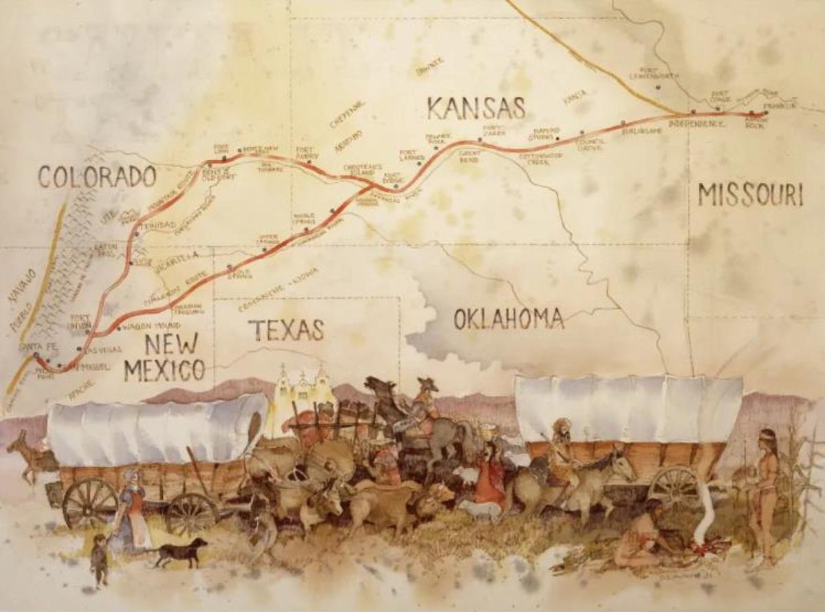 illustrated map of Santa Fe Trail with wagon train