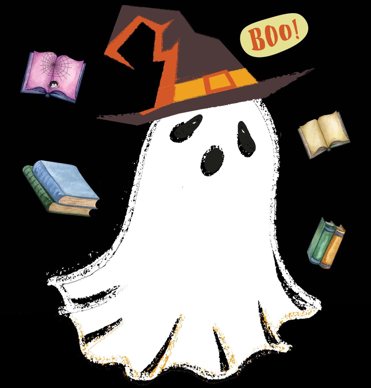 cute ghost with floating books