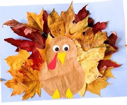 Craft Turkey made out of paper and fall leaves