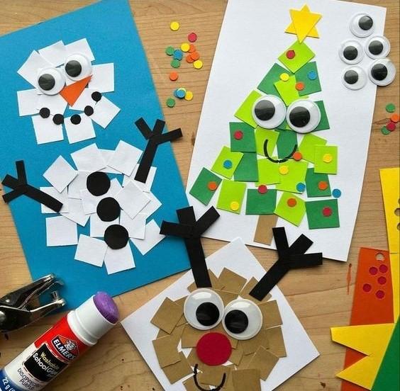 Holiday crafts: Snowman, Christmas tree and reindeer on 3 separate pieces o fpaper