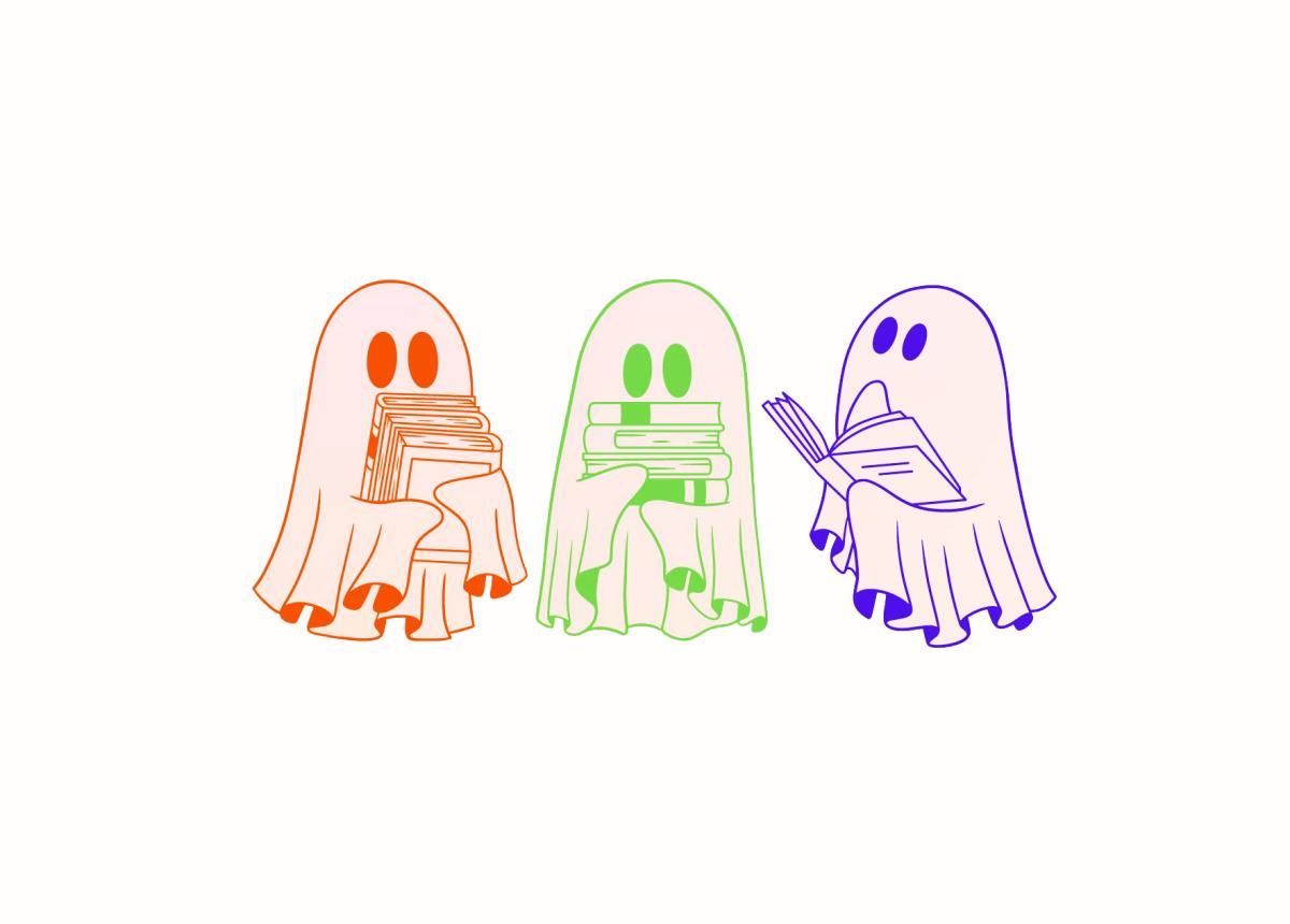 cartoon ghosts with books