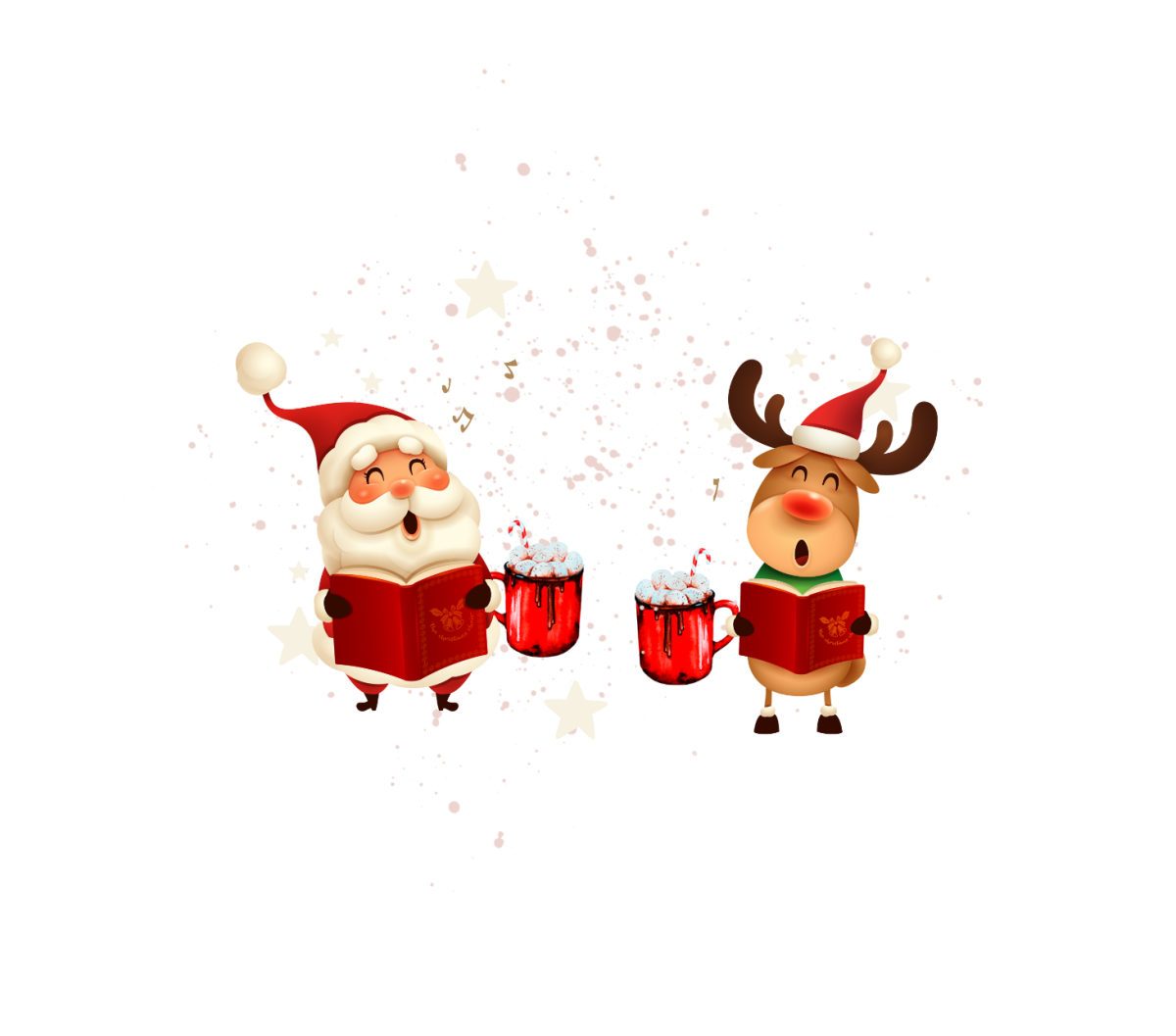 Santa and reindeer singing and holding mugs of hot chocolate