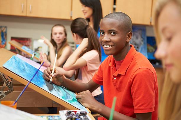 teenager painting on an easel