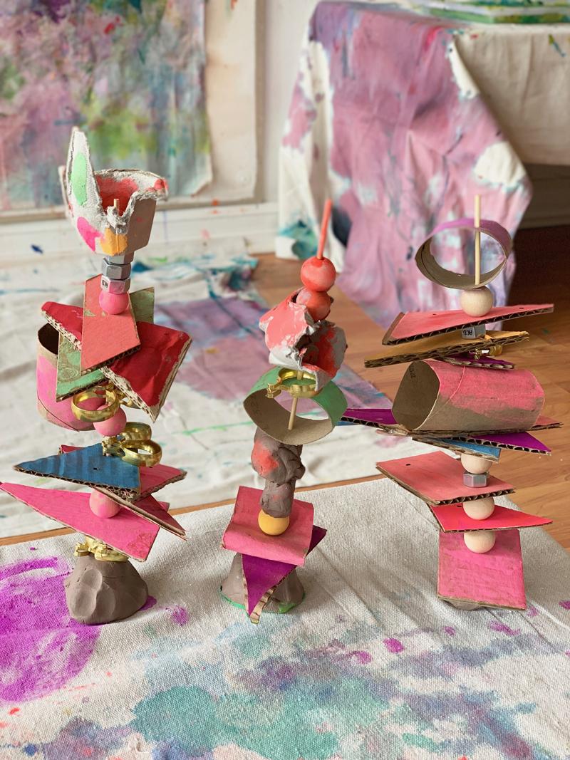 sculptures made from skewers and random art supplies